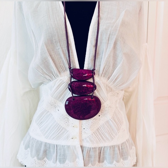 NECKLACE ~ Striking Purple Necklace with Large Acrylic Stones and Leather Straps - Picture 1 of 7